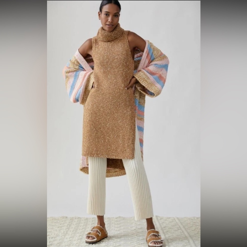 NWT Anthropologie Flowy Maxi Tunic Sweater Size Small Camel Brown Turtleneck